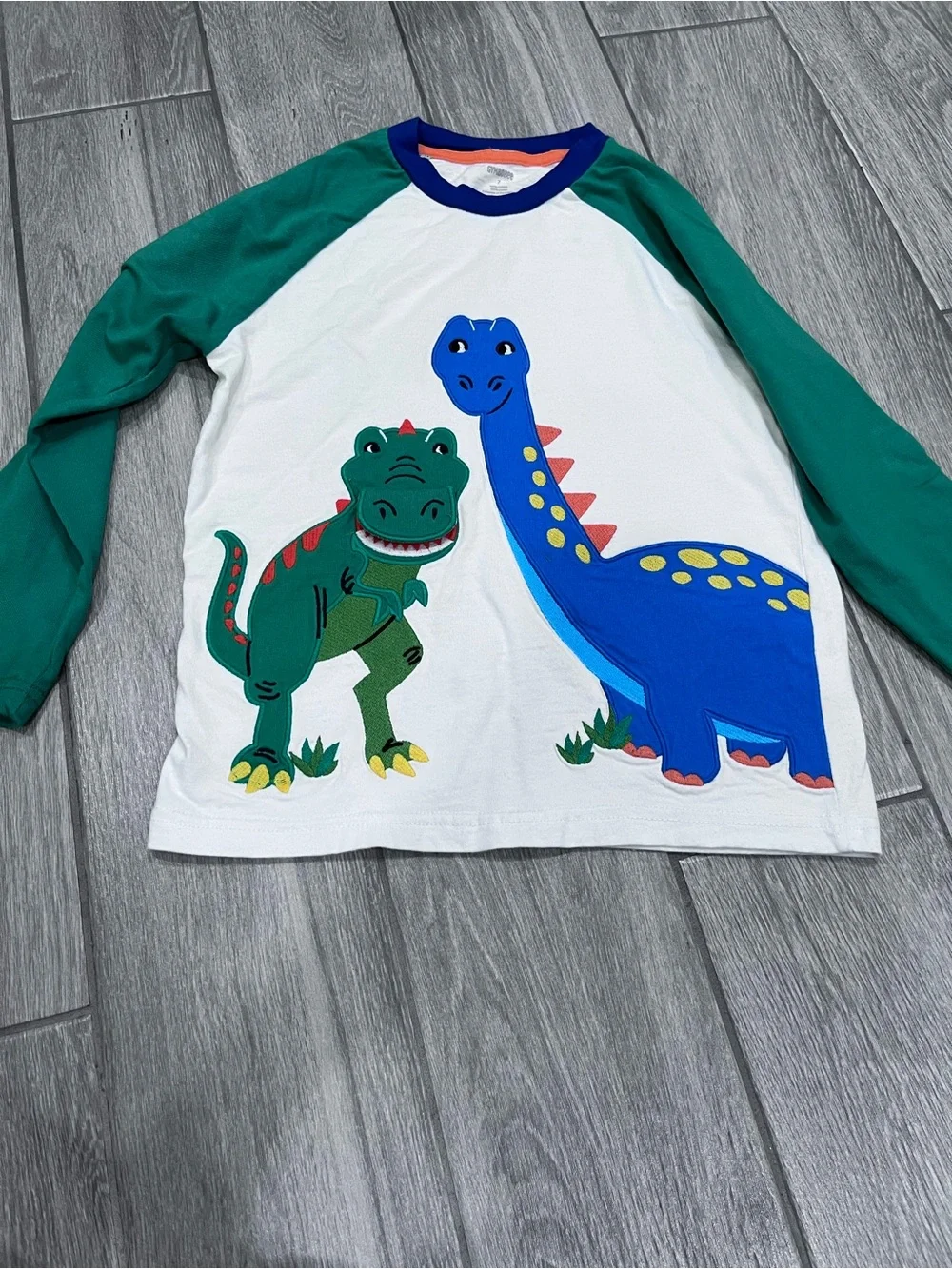 Gymboree White Long-Sleeve Tee with Green Sleeves & Blue Dinosaur